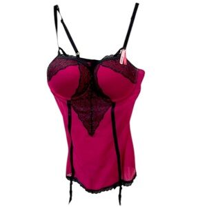 Pink Black Lace Bustier Push Up Bra 34D Cup